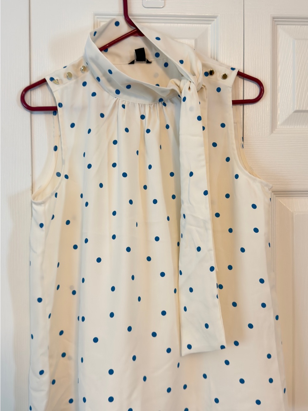 Ann Taylor Cream Sleeveless Polka Dot Tie-Neck Blouse with Blue Dots